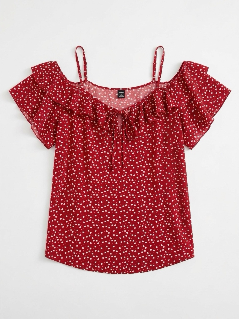Women's Red Off-Shoulder Ruffle Top with Heart Print